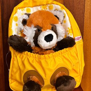 Mochila amarilla con diseño de panda rojo en el Museo de San Isidoro de León